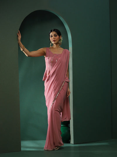 Pink Saree With Embroidered Blouse