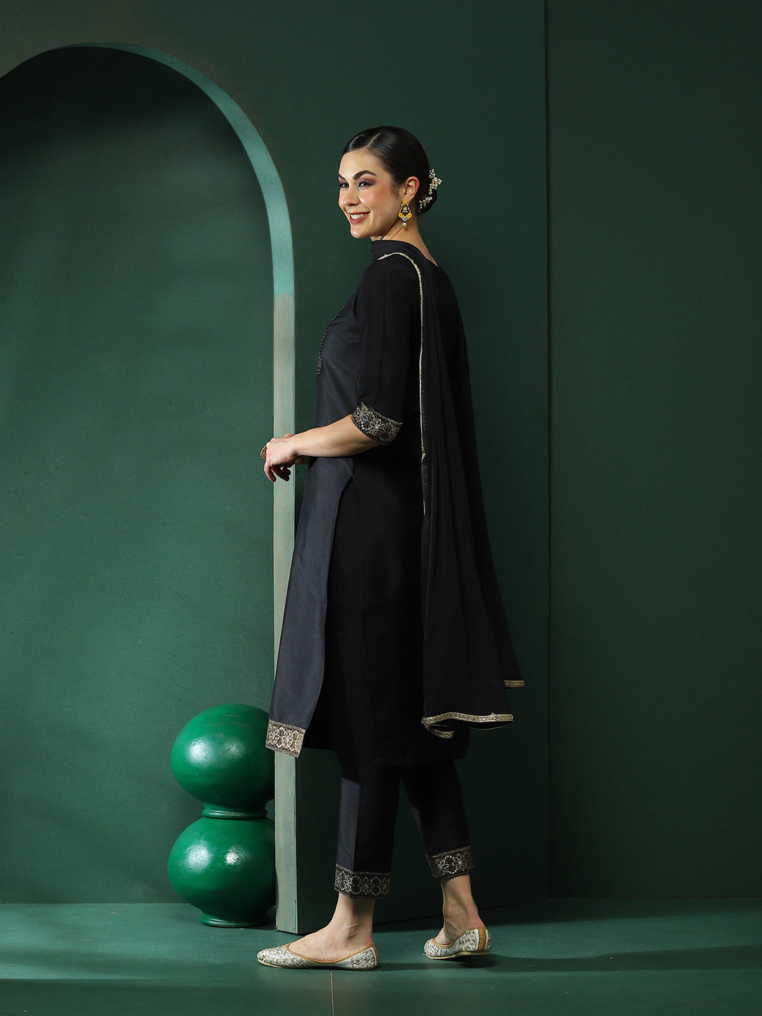 Black Patch Work Kurta Pant With Dupatta