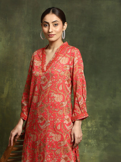 Red Floral Printed Pakistani Kurta With Palazzo