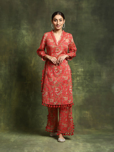 Red Floral Printed Pakistani Kurta With Palazzo