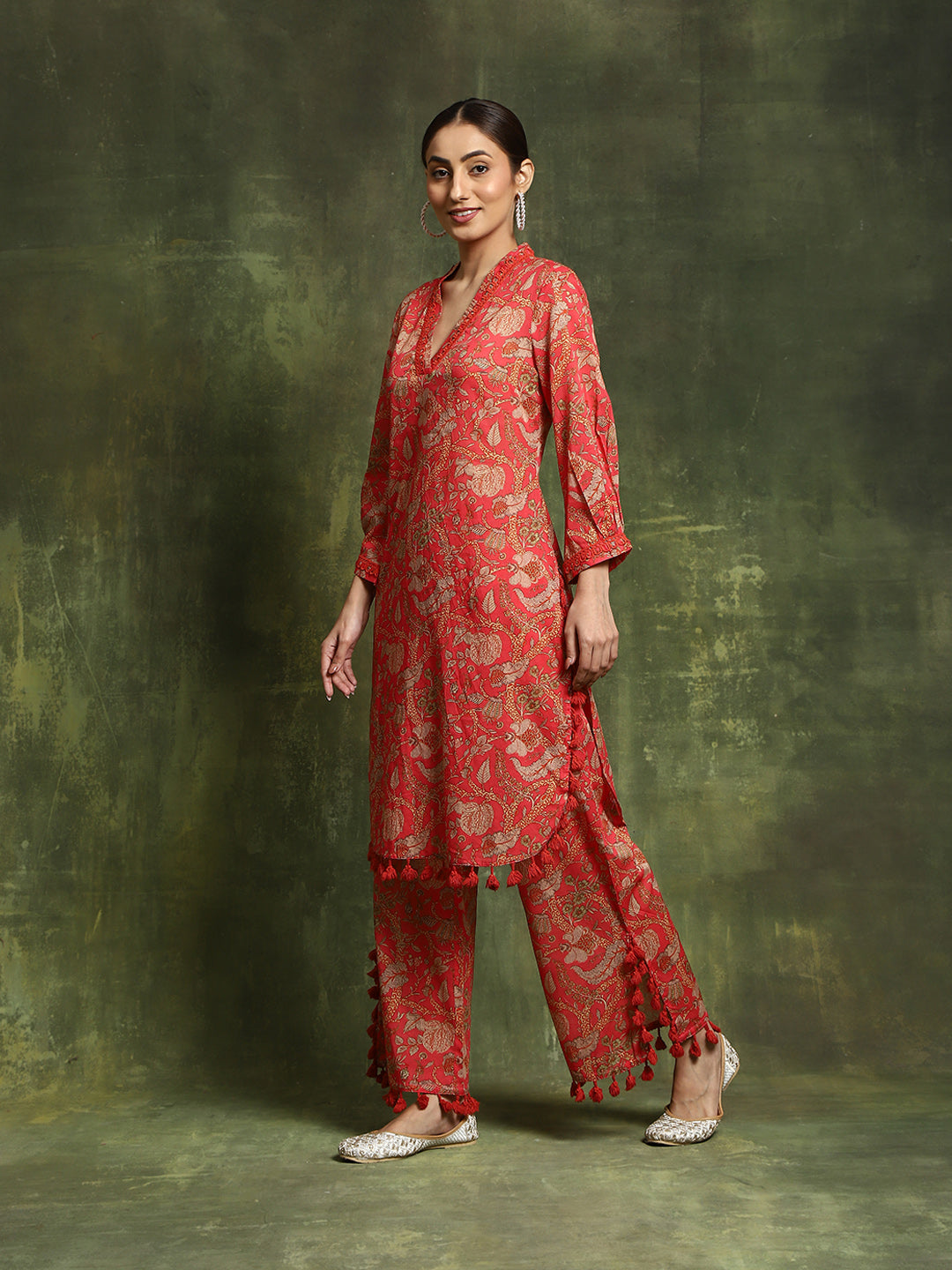 Red Floral Printed Pakistani Kurta With Palazzo