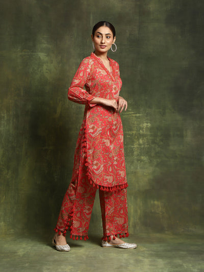 Red Floral Printed Pakistani Kurta With Palazzo