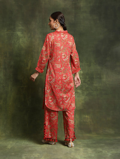 Red Floral Printed Pakistani Kurta With Palazzo