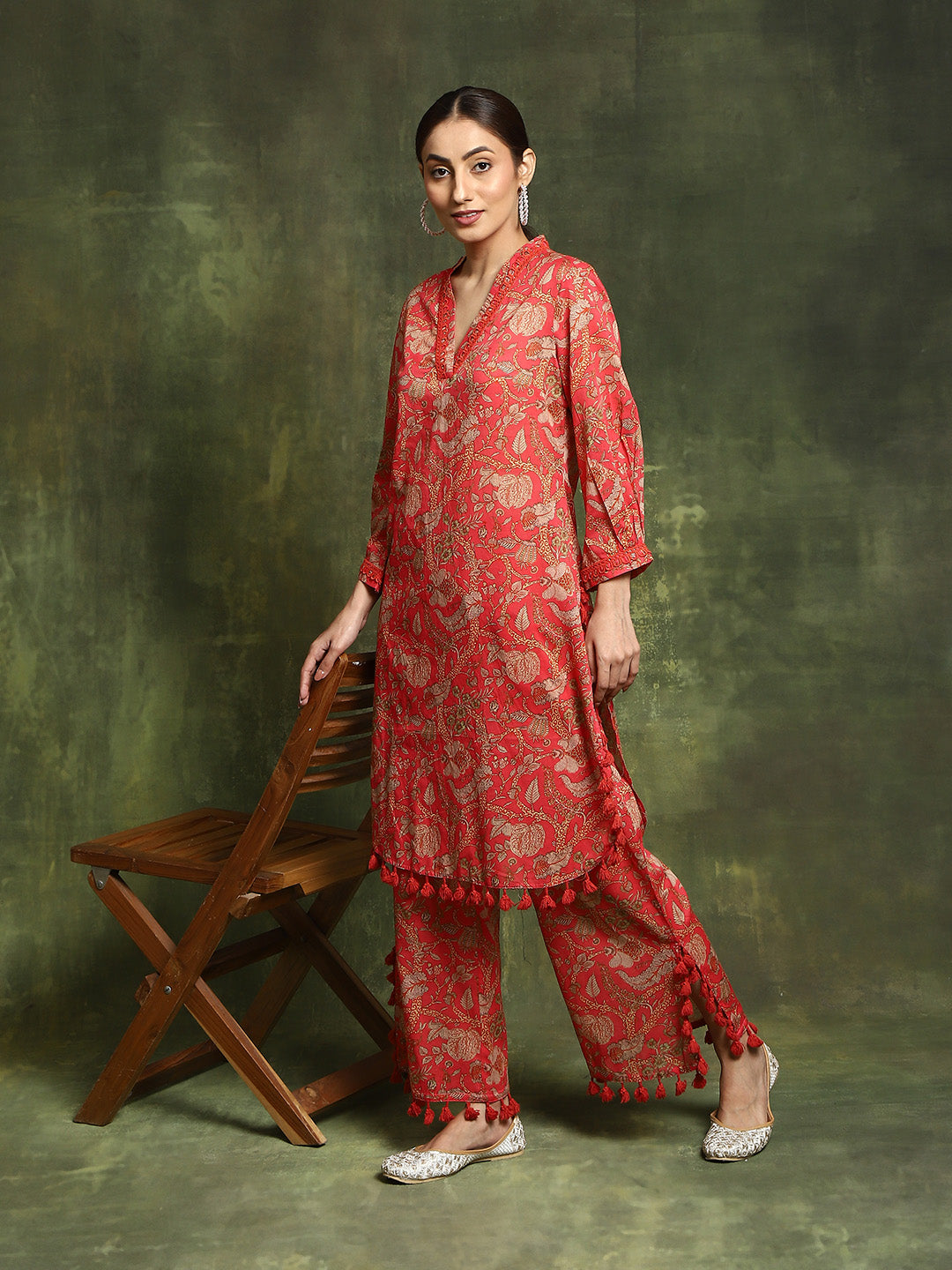 Red Floral Printed Pakistani Kurta With Palazzo