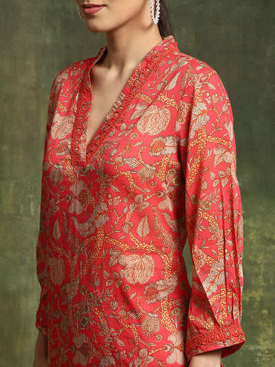 Red Floral Printed Pakistani Kurta With Palazzo