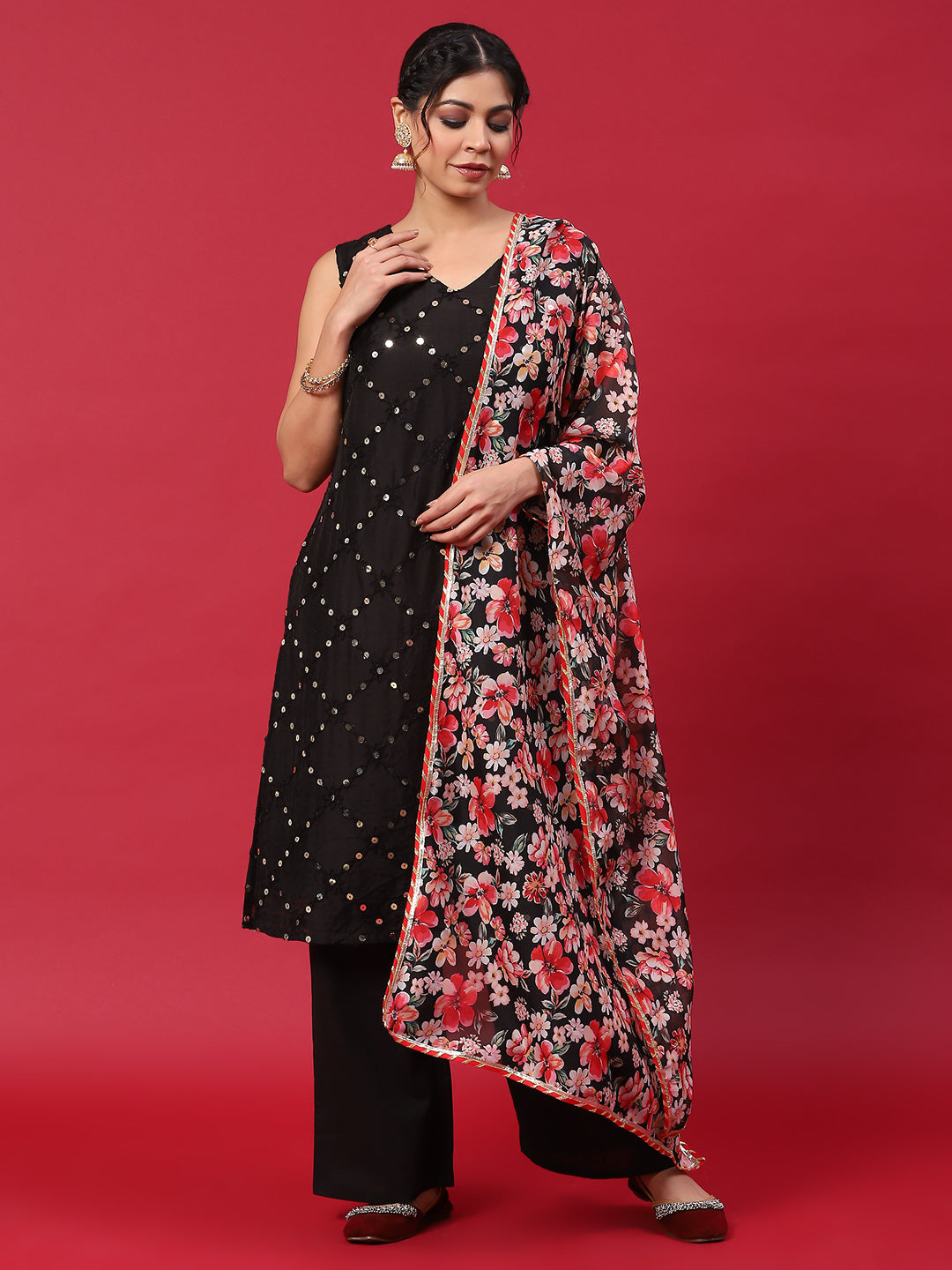 Black Embroidered Kurta Palazzo With Dupatta