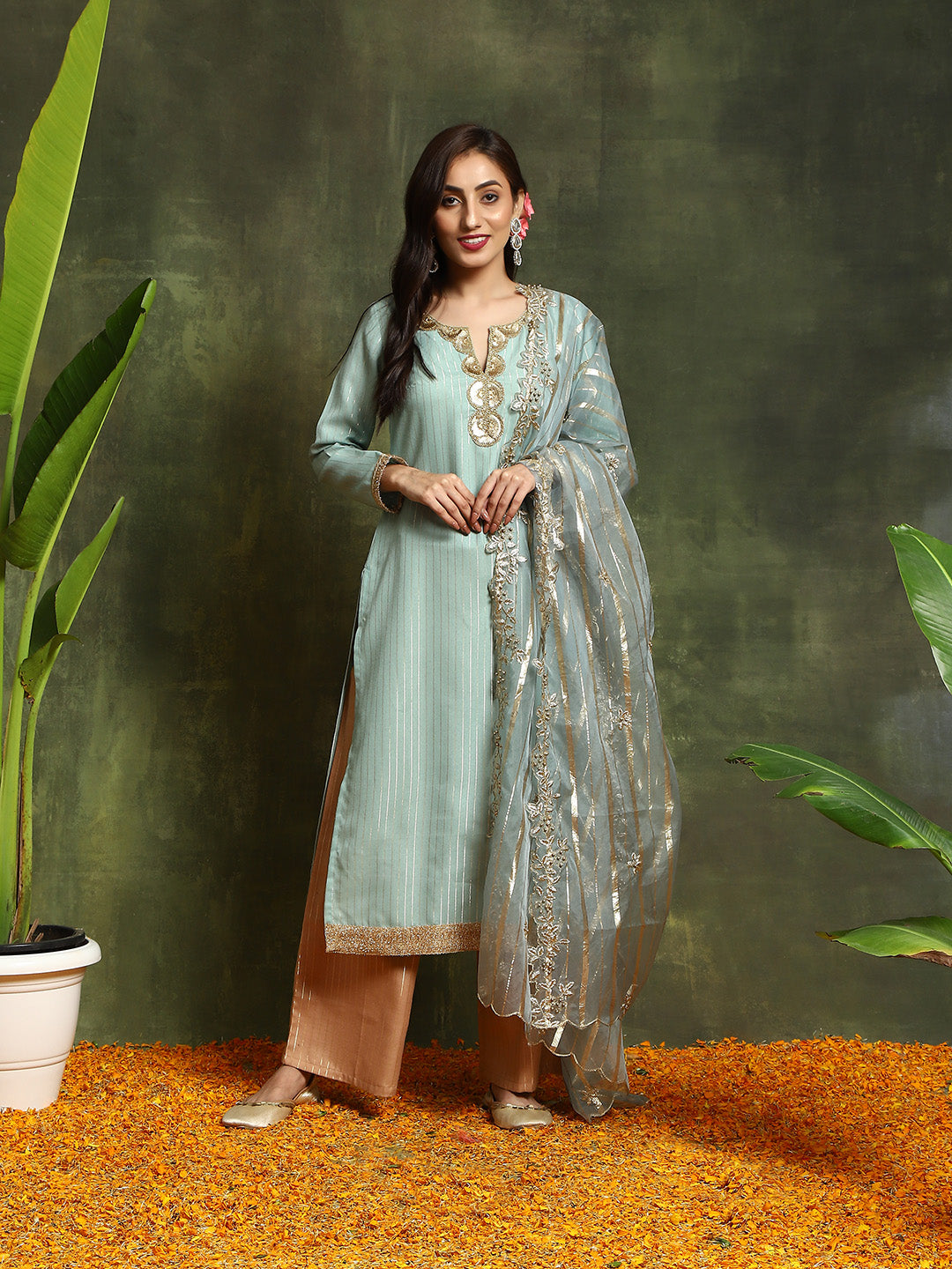 Green Lurex Designed Kurta Palazzo With Embroidered Dupatta