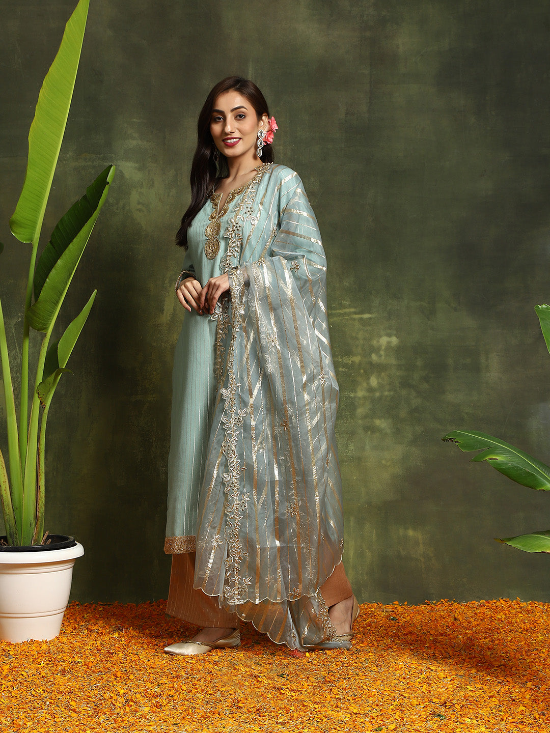 Green Lurex Designed Kurta Palazzo With Embroidered Dupatta