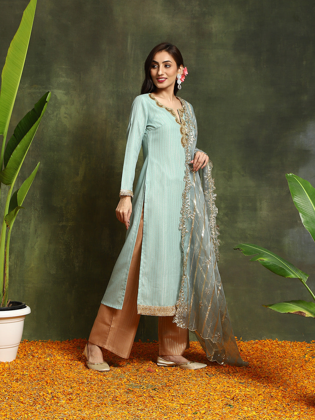 Green Lurex Designed Kurta Palazzo With Embroidered Dupatta