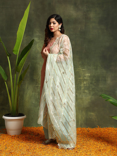 Rust & Green Lurex Designed Kurta Palazzo With Embroidered Dupatta