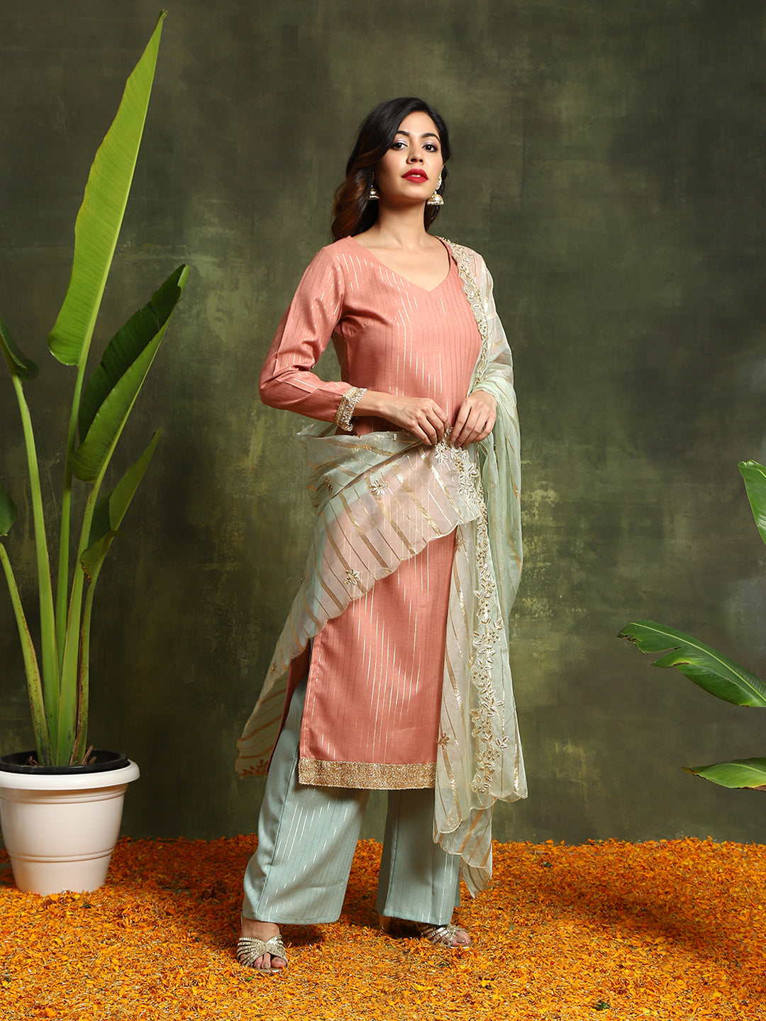 Rust & Green Lurex Designed Kurta Palazzo With Embroidered Dupatta