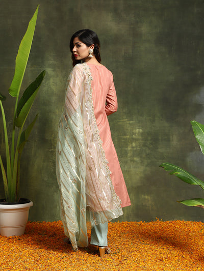 Rust & Green Lurex Designed Kurta Palazzo With Embroidered Dupatta