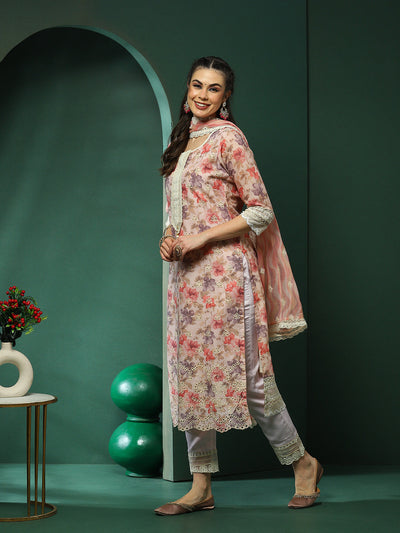 Cream & Peach Schiffli Work Pakistani Kurta Pant  With Dupatta