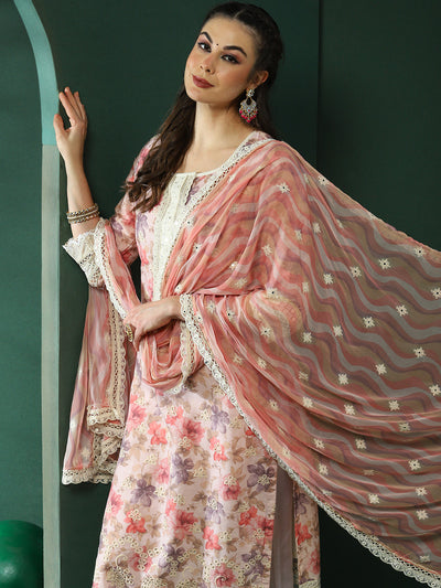 Cream & Peach Schiffli Work Pakistani Kurta Pant  With Dupatta