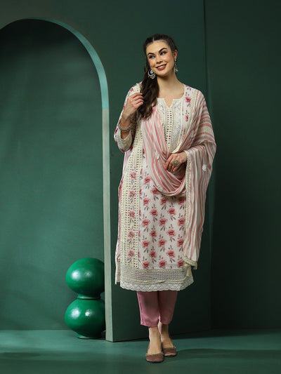 Cream & Pink Schiffli Work Pakistani Kurta Pant With Dupatta