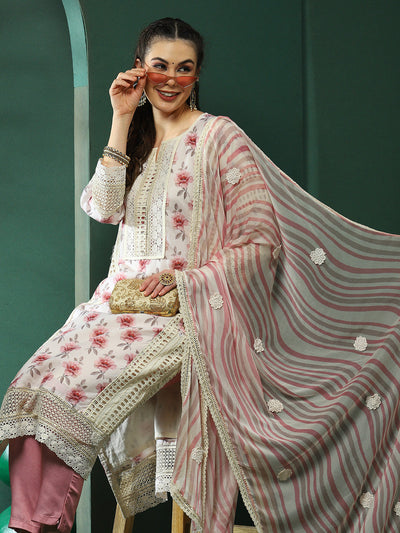 Cream & Pink Schiffli Work Pakistani Kurta Pant With Dupatta