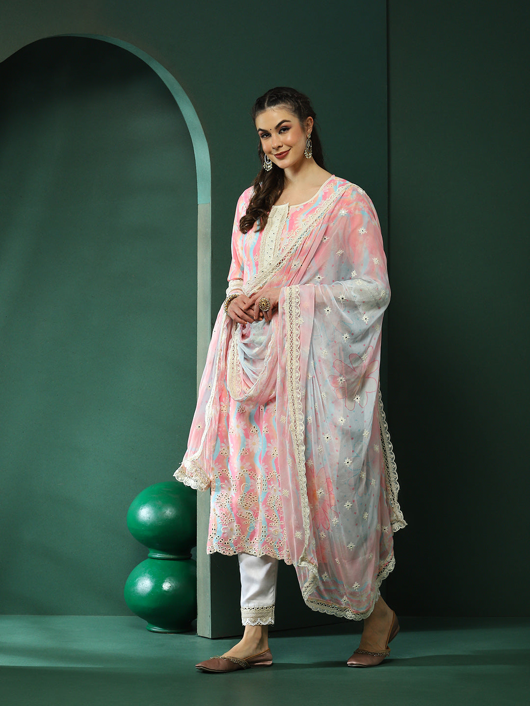 Pink & Cream Schiffli Work Pakistani Kurta Pant With Dupatta