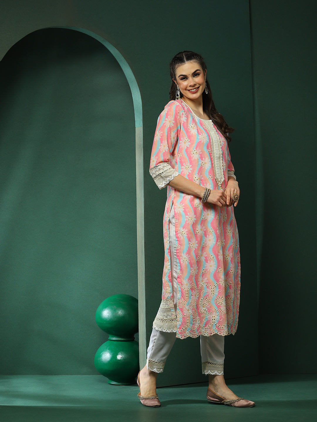 Pink & Cream Schiffli Work Pakistani Kurta Pant With Dupatta