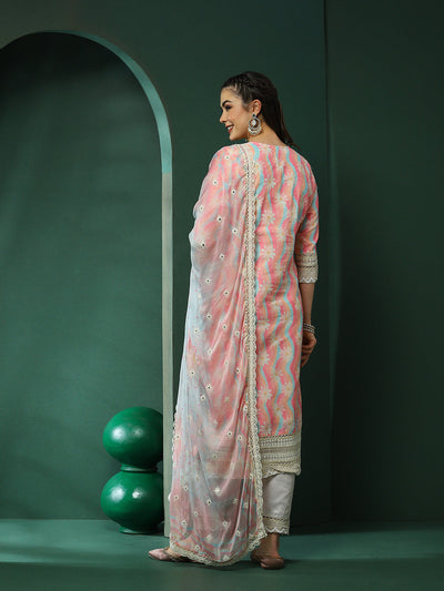 Pink & Cream Schiffli Work Pakistani Kurta Pant With Dupatta