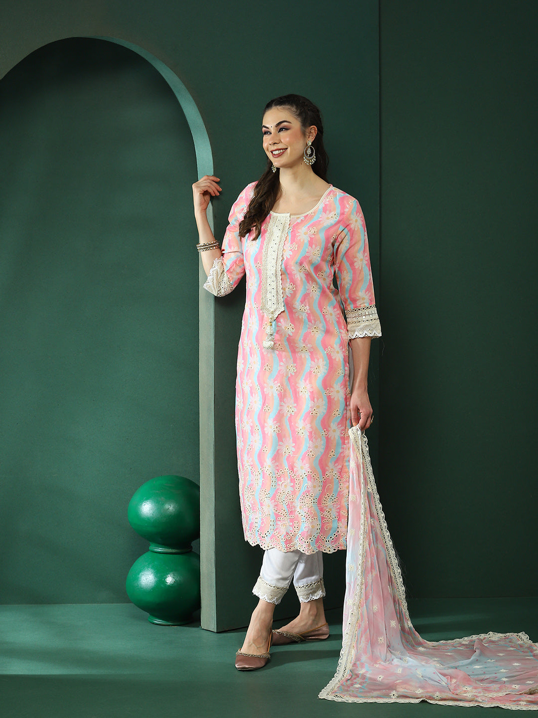 Pink & Cream Schiffli Work Pakistani Kurta Pant With Dupatta