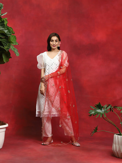 White Embroidered Kurta Pant With Zari Worked Dupatta