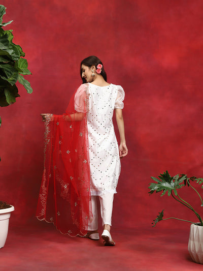 White Embroidered Kurta Pant With Zari Worked Dupatta