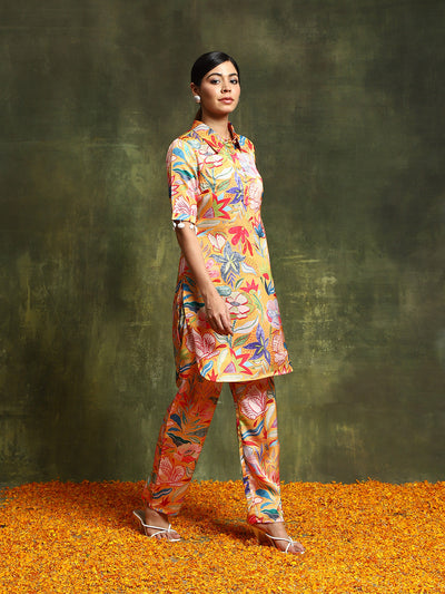 Mustard Floral Printed Kurta With Palazzo