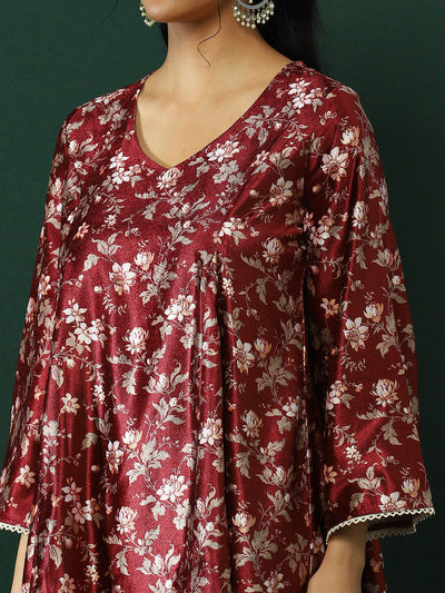 Maroon Floral Print Pakistani Kurta Salwar With Dupatta