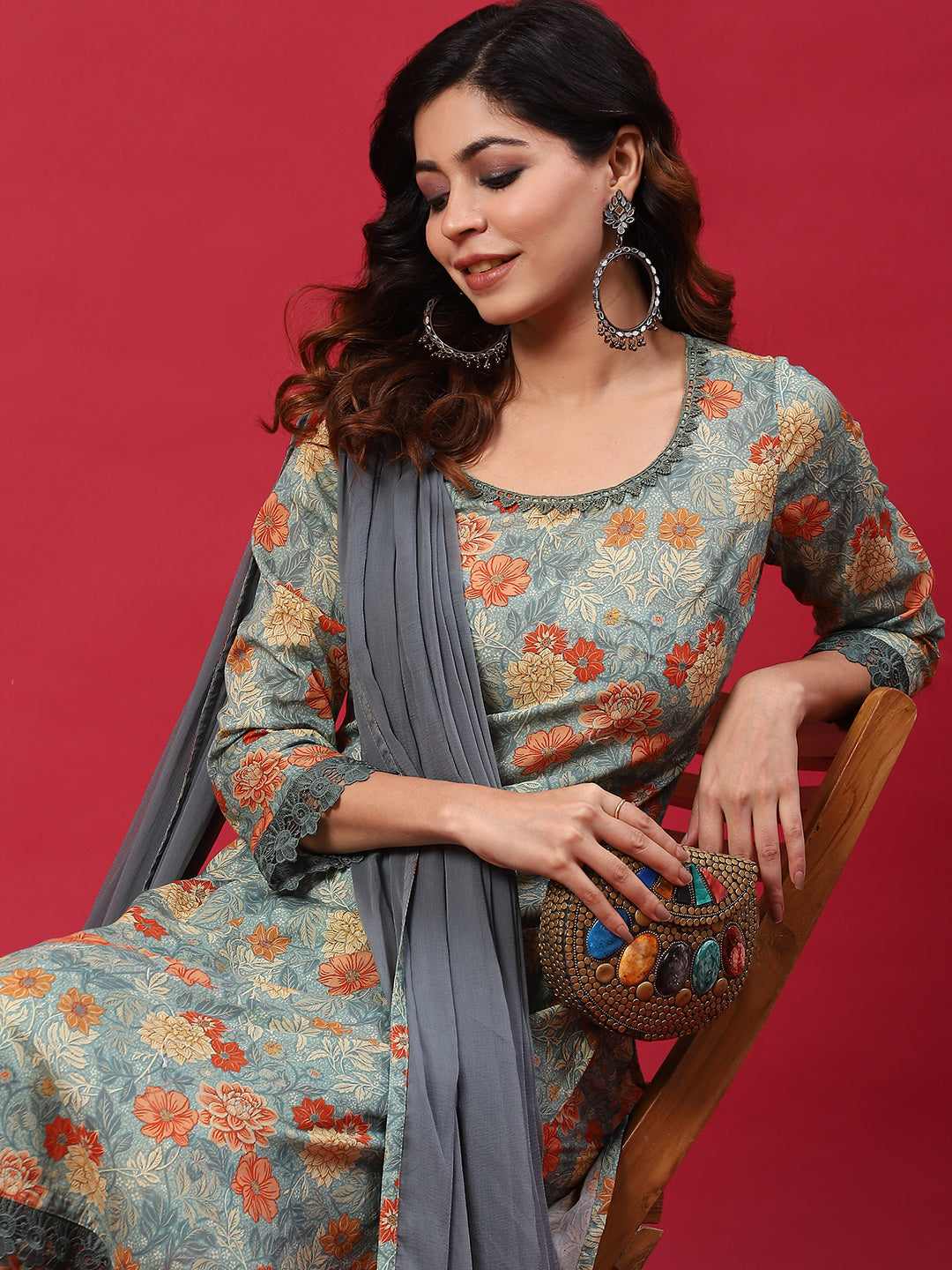 Grey Floral Print Kurta Pant With Dupatta