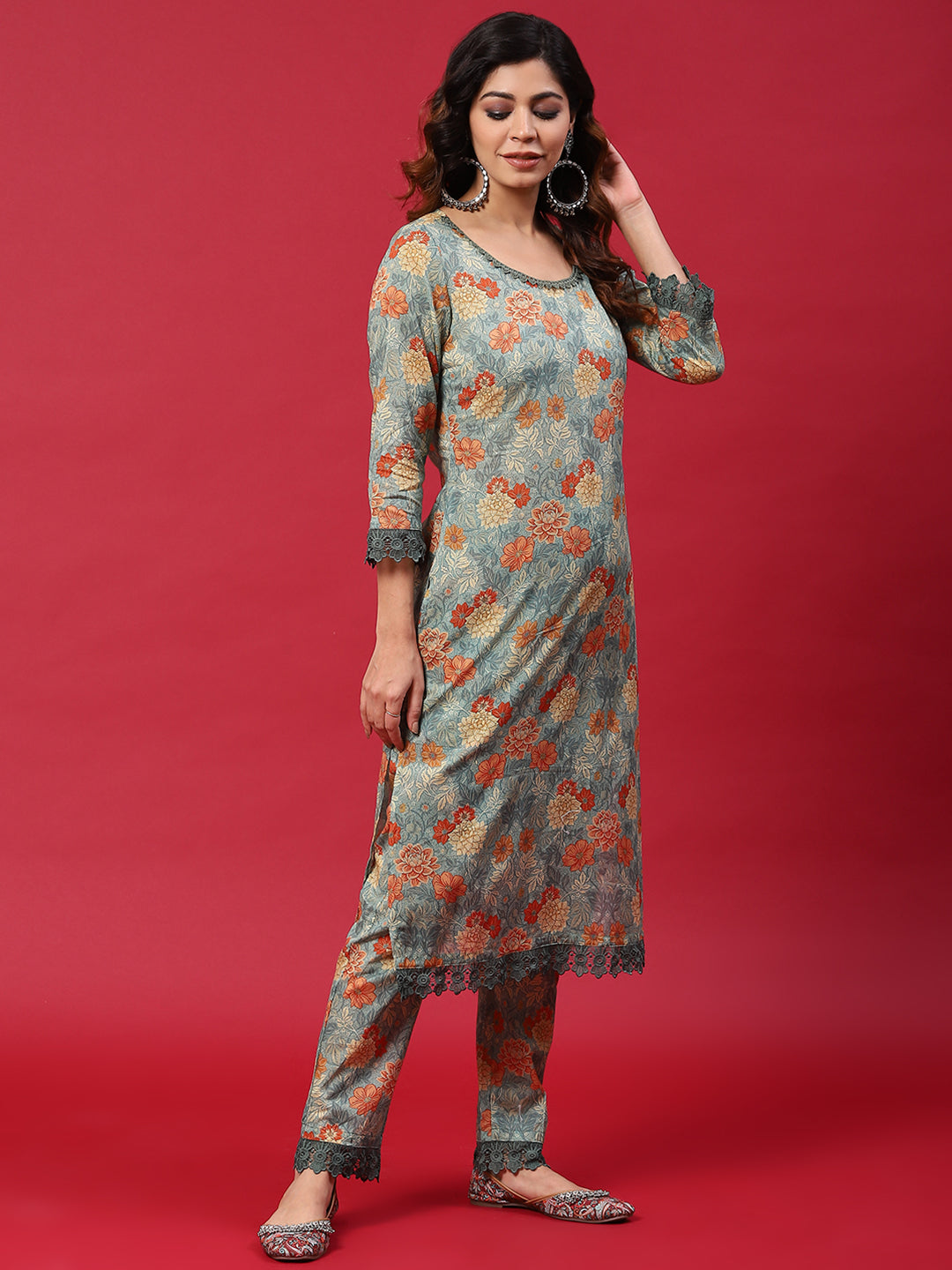 Grey Floral Print Kurta Pant With Dupatta