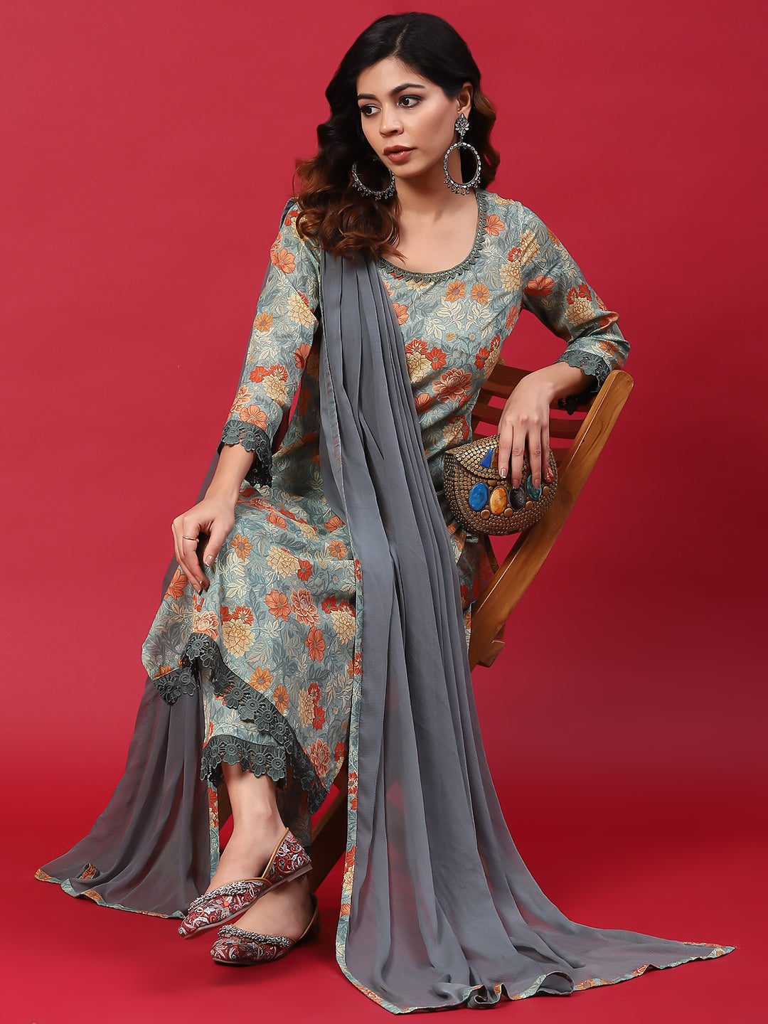 Grey Floral Print Kurta Pant With Dupatta