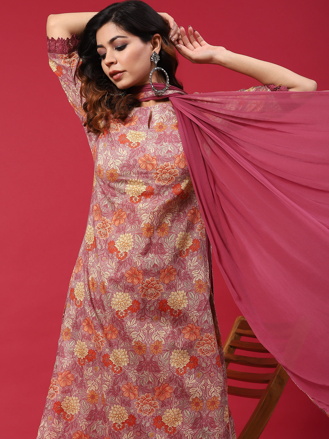 Mauve Floral Print Kurta Pant With Dupatta