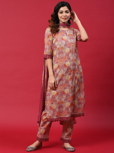 Mauve Floral Print Kurta Pant With Dupatta