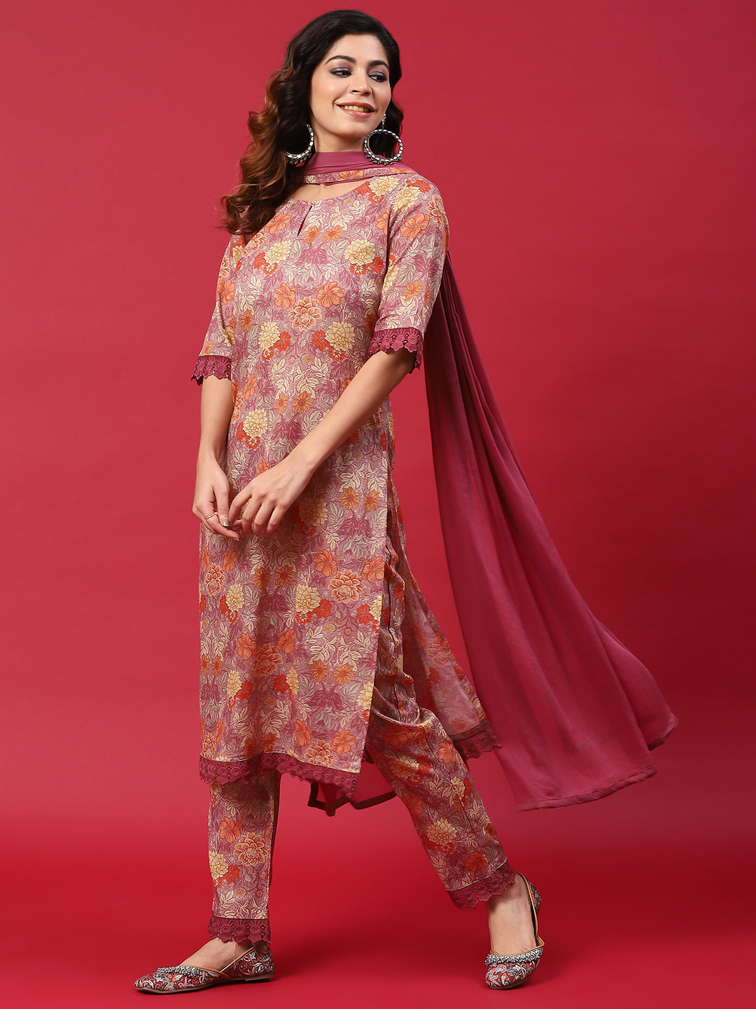 Mauve Floral Print Kurta Pant With Dupatta