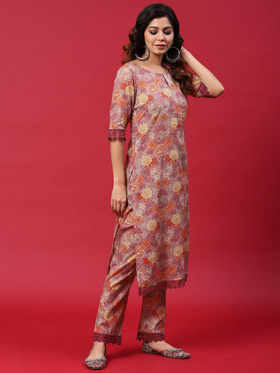 Mauve Floral Print Kurta Pant With Dupatta