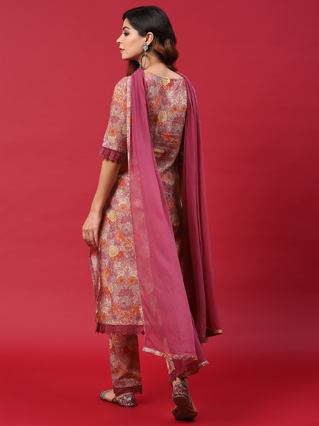 Mauve Floral Print Kurta Pant With Dupatta