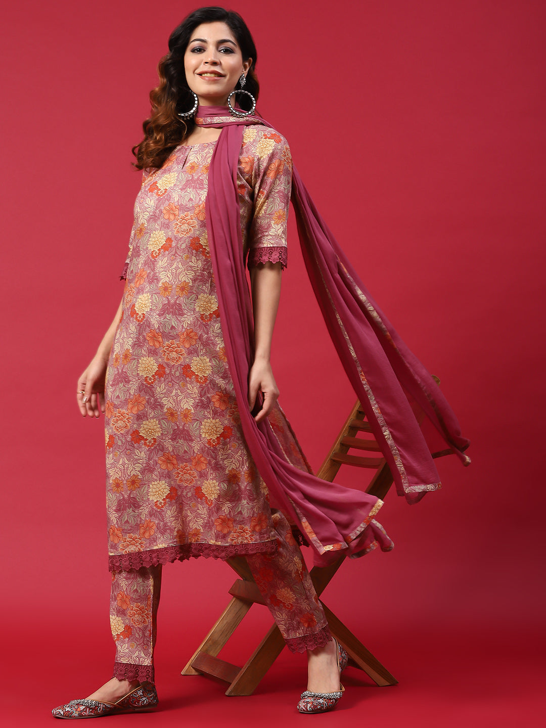 Mauve Floral Print Kurta Pant With Dupatta