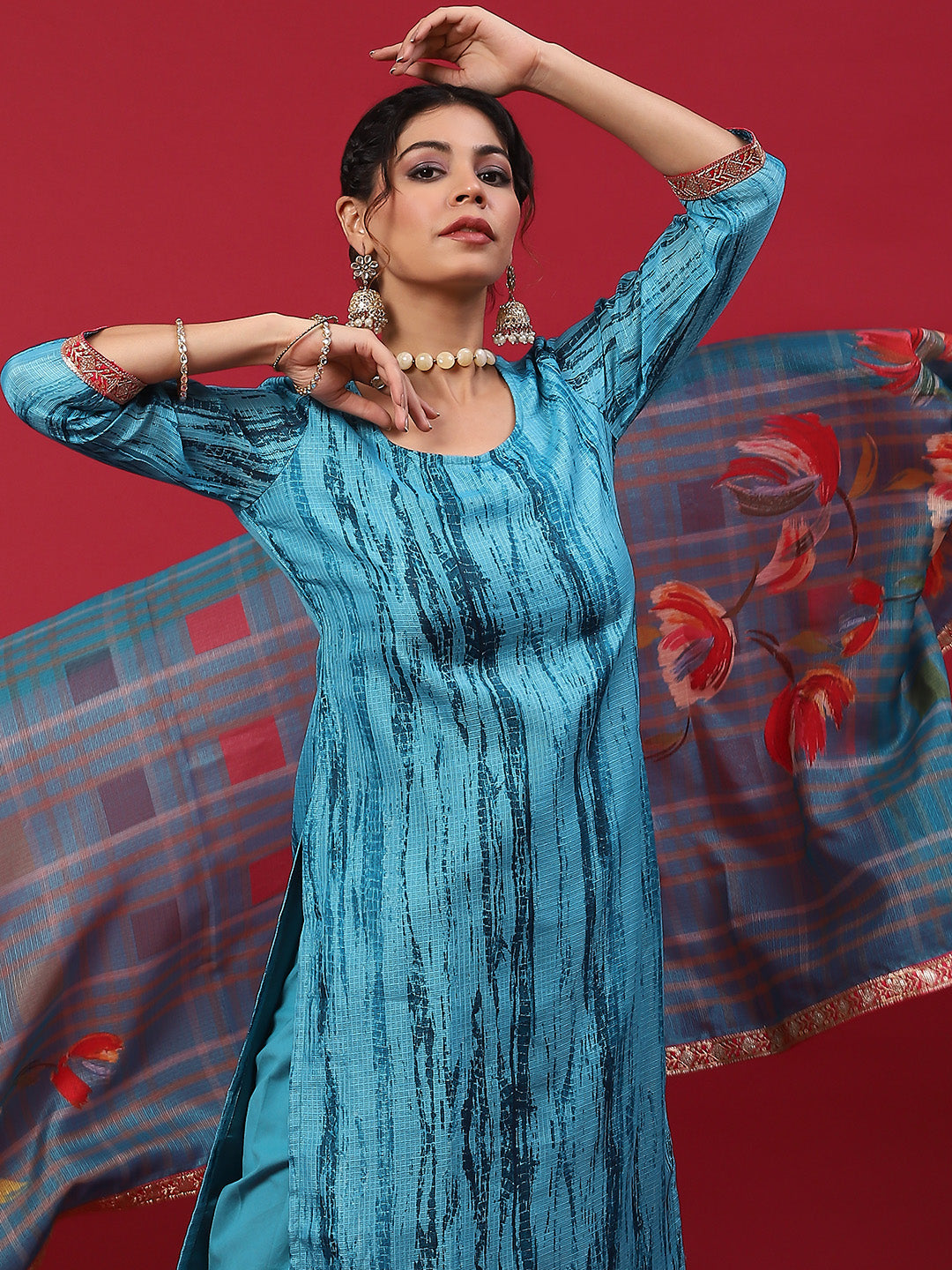 Blue Shibori Print Kurta Churidar With Dupatta