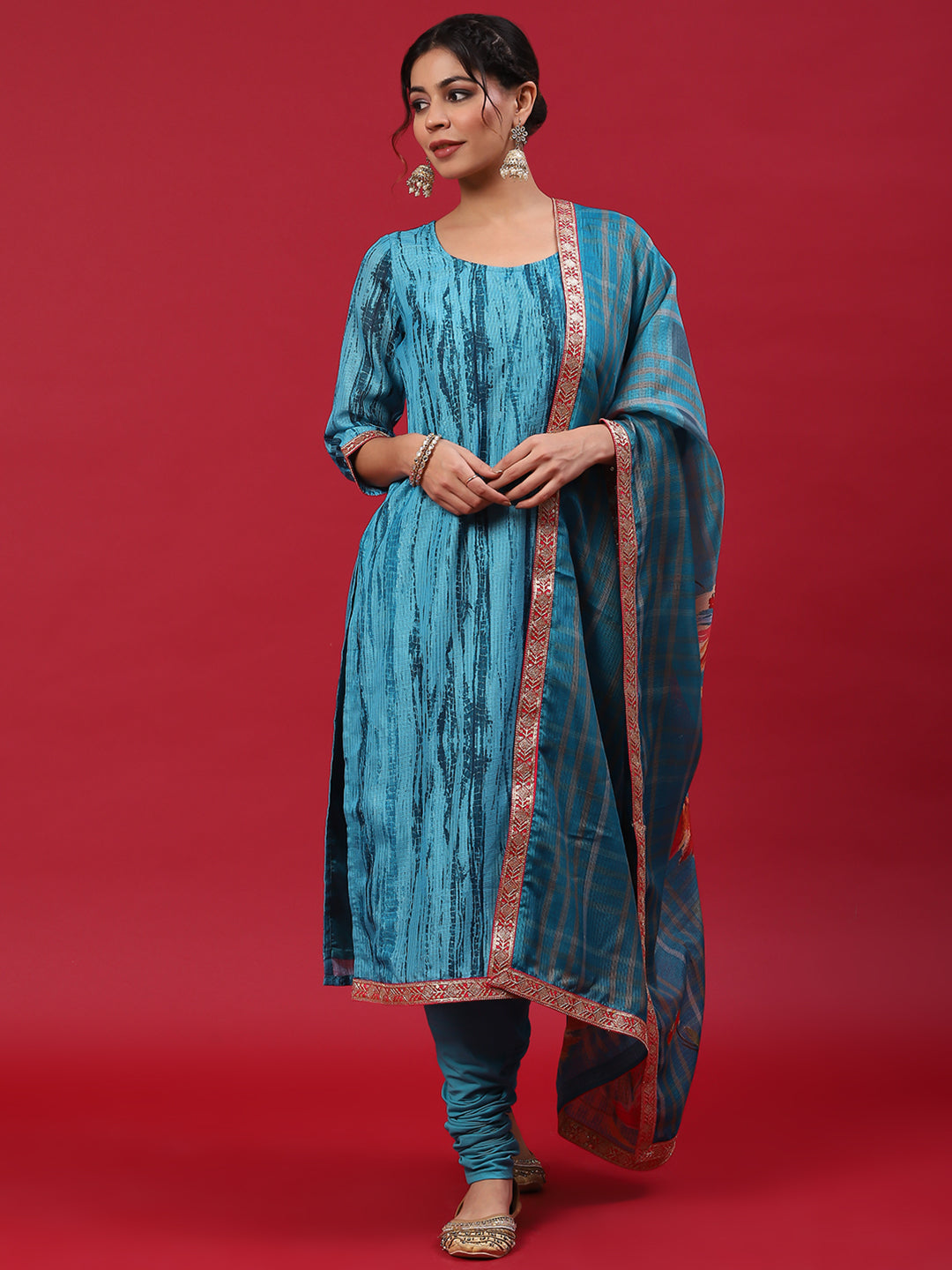 Blue Shibori Print Kurta Churidar With Dupatta