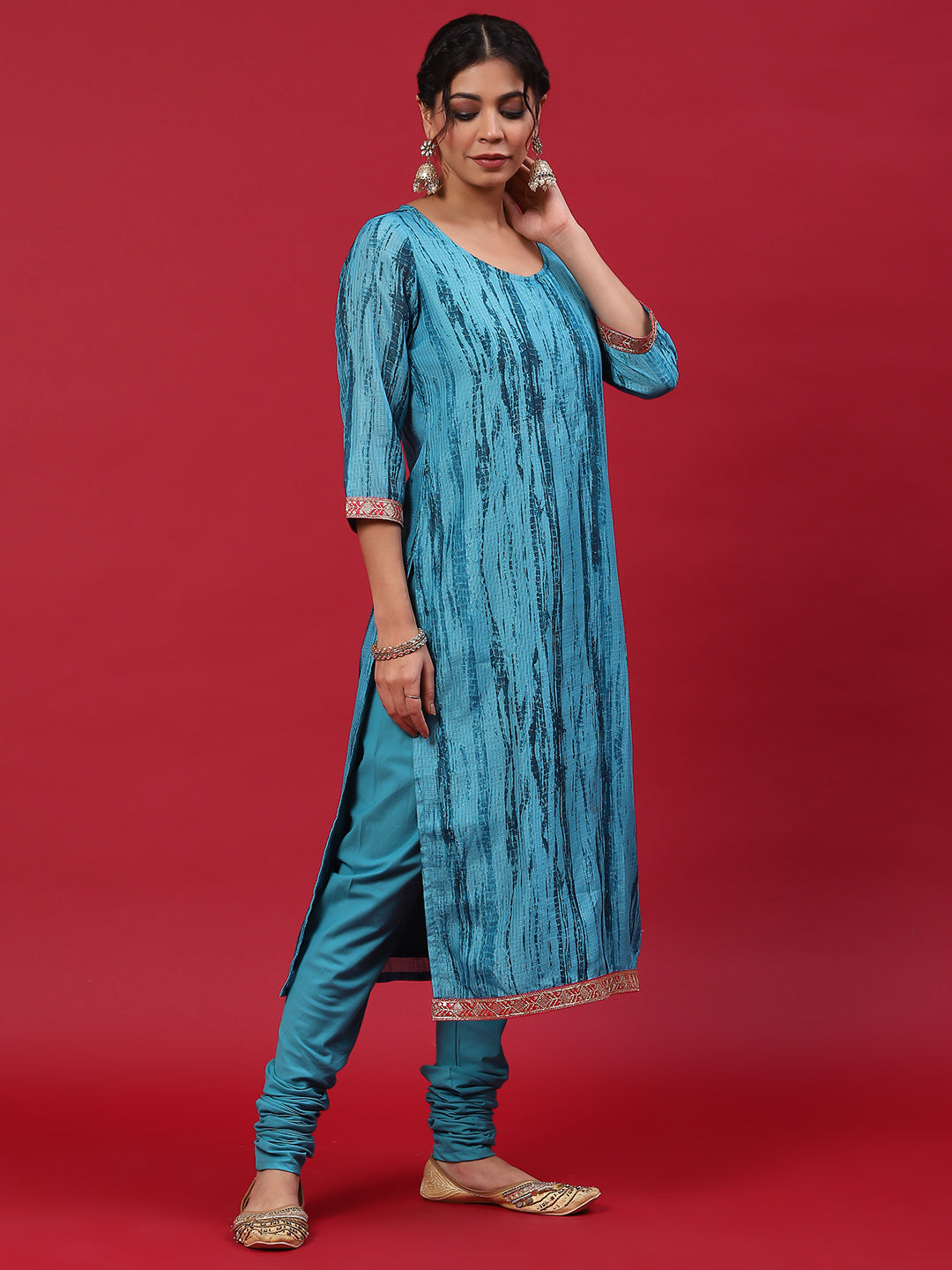 Blue Shibori Print Kurta Churidar With Dupatta