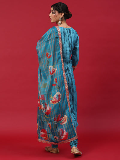 Blue Shibori Print Kurta Churidar With Dupatta