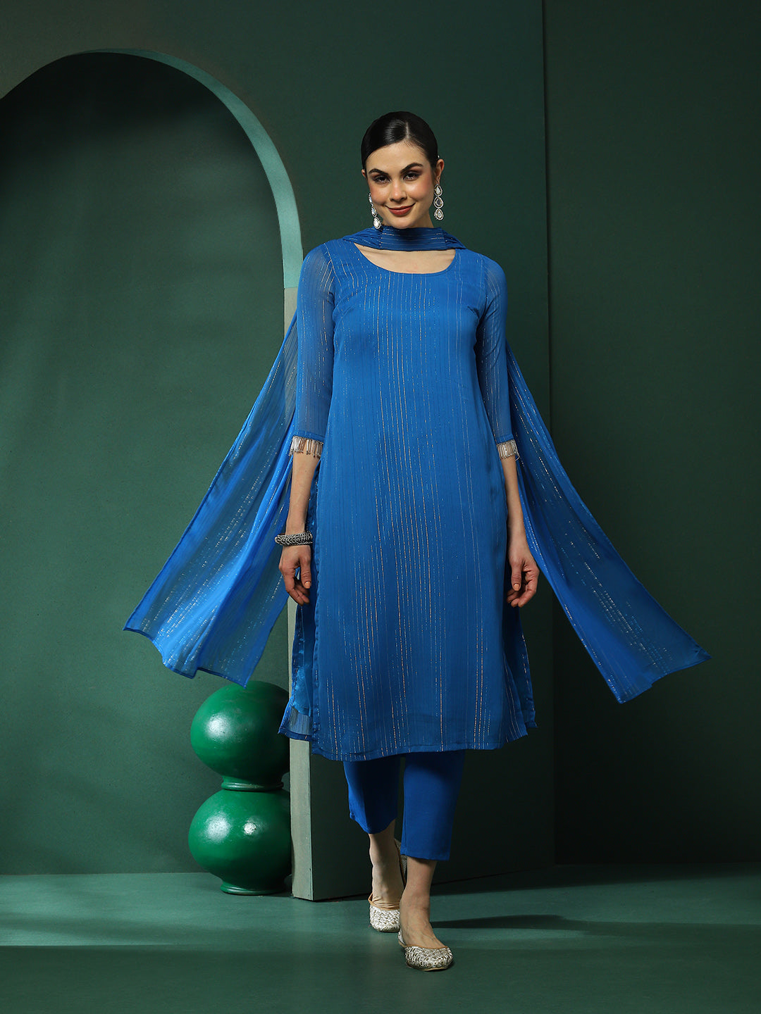 Blue Lurex Kurta Pant With Dupatta