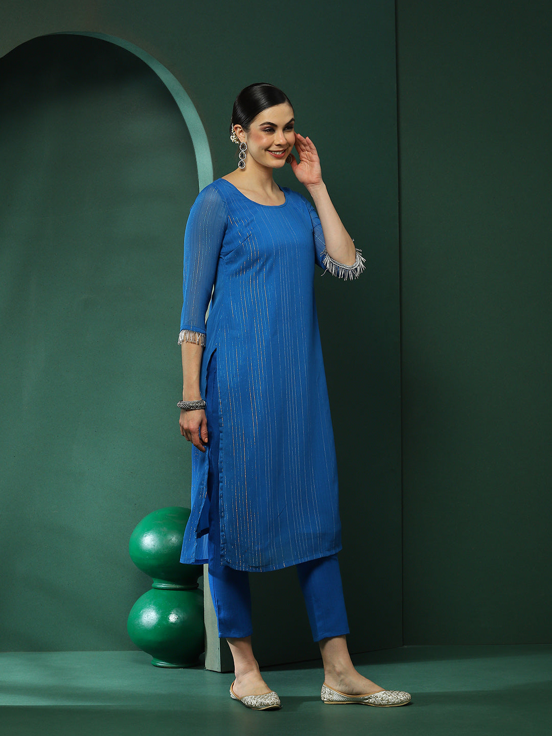 Blue Lurex Kurta Pant With Dupatta