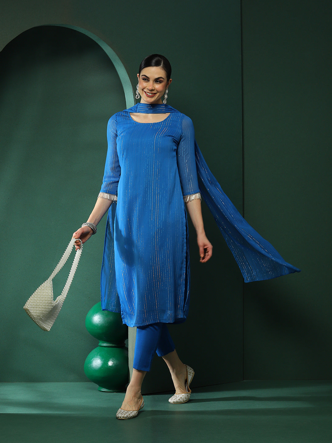 Blue Lurex Kurta Pant With Dupatta