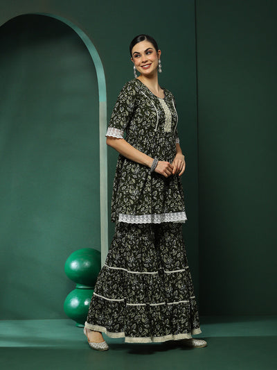 Green Floral Print Kurta Sharara With Lace Detailed Dupatta