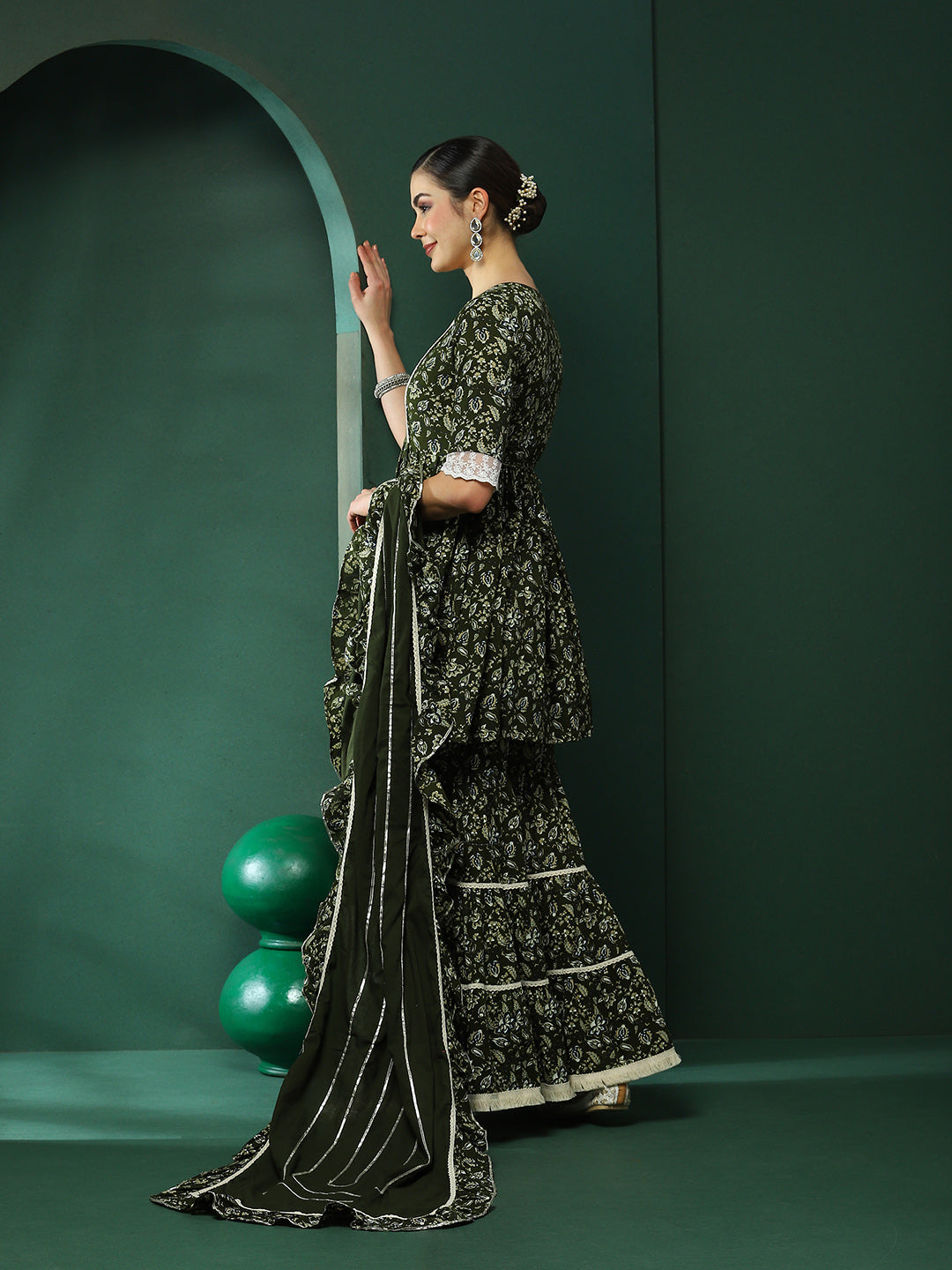 Green Floral Print Kurta Sharara With Lace Detailed Dupatta