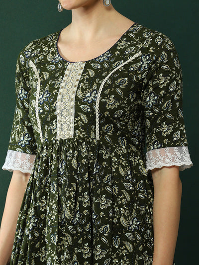 Green Floral Print Kurta Sharara With Lace Detailed Dupatta