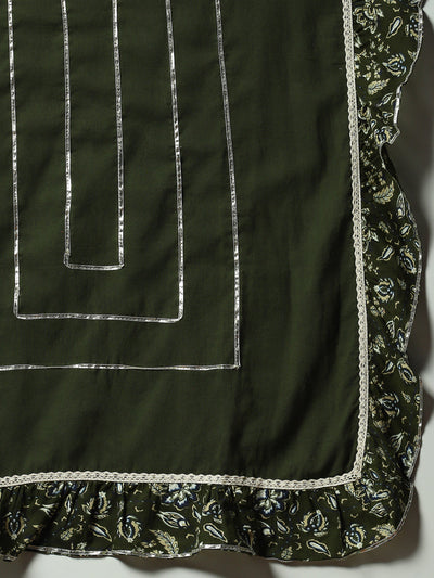 Green Floral Print Kurta Sharara With Lace Detailed Dupatta