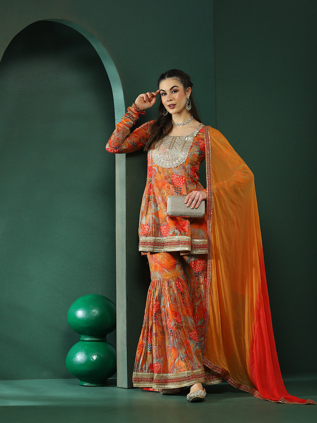 Multicolor Floral Print Kurta Sharara With Dupatta