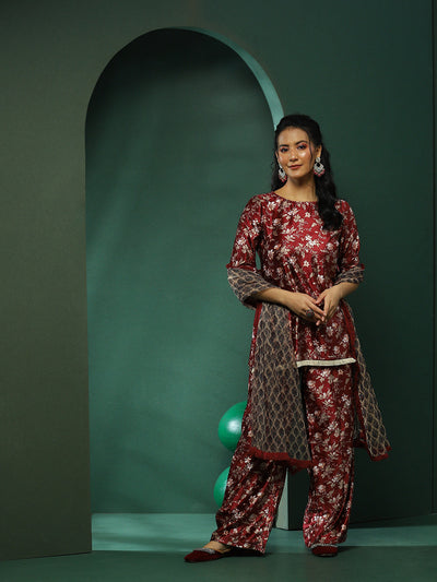 Maroon Floral Print Co-Ords Set With Dupatta